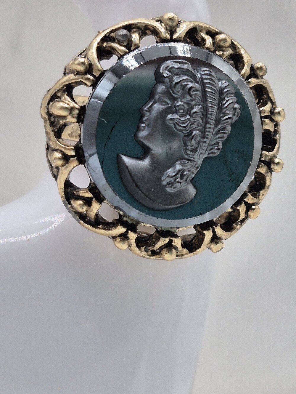 Vintage Hematite Glass Cameo. Gold-Trimmed with Teal Inlay Adjustable
